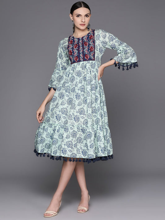 Indo Era Blue Embroidered A-Line Ethnic Dress