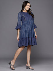 Indo Era Blue Striped A-Line Ethnic Dress