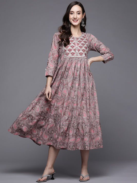 Indo Era Grey & Pink Printed Flared A-Line Midi Ethnic Dresses