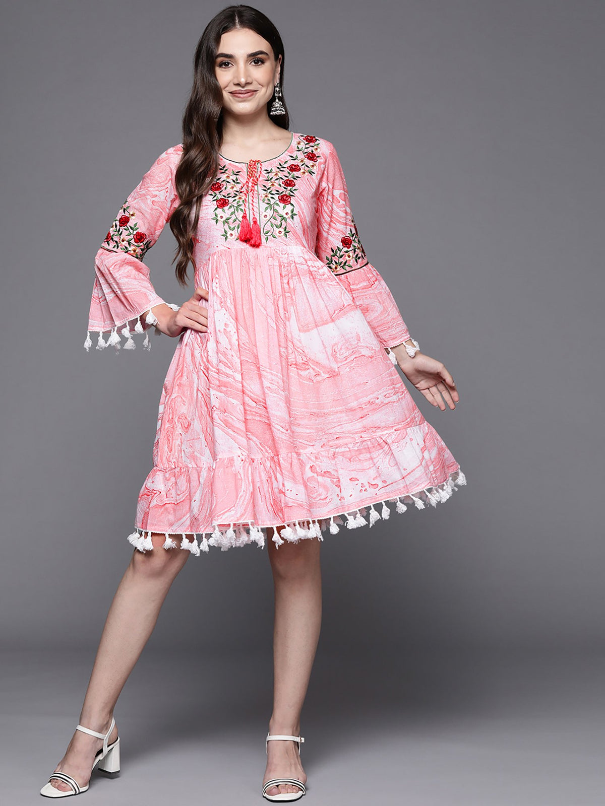 Indo Era Peach Embroidered A-Line Ethnic Dress