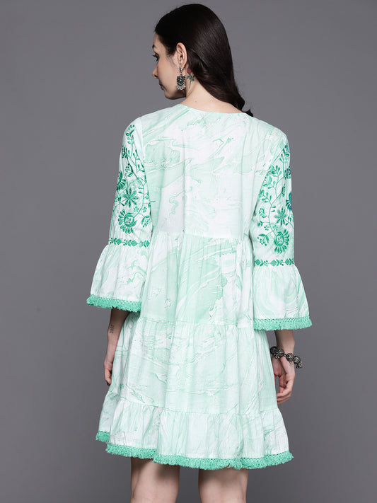 Indo Era Sea Green Embroidered A-Line Ethnic Dress