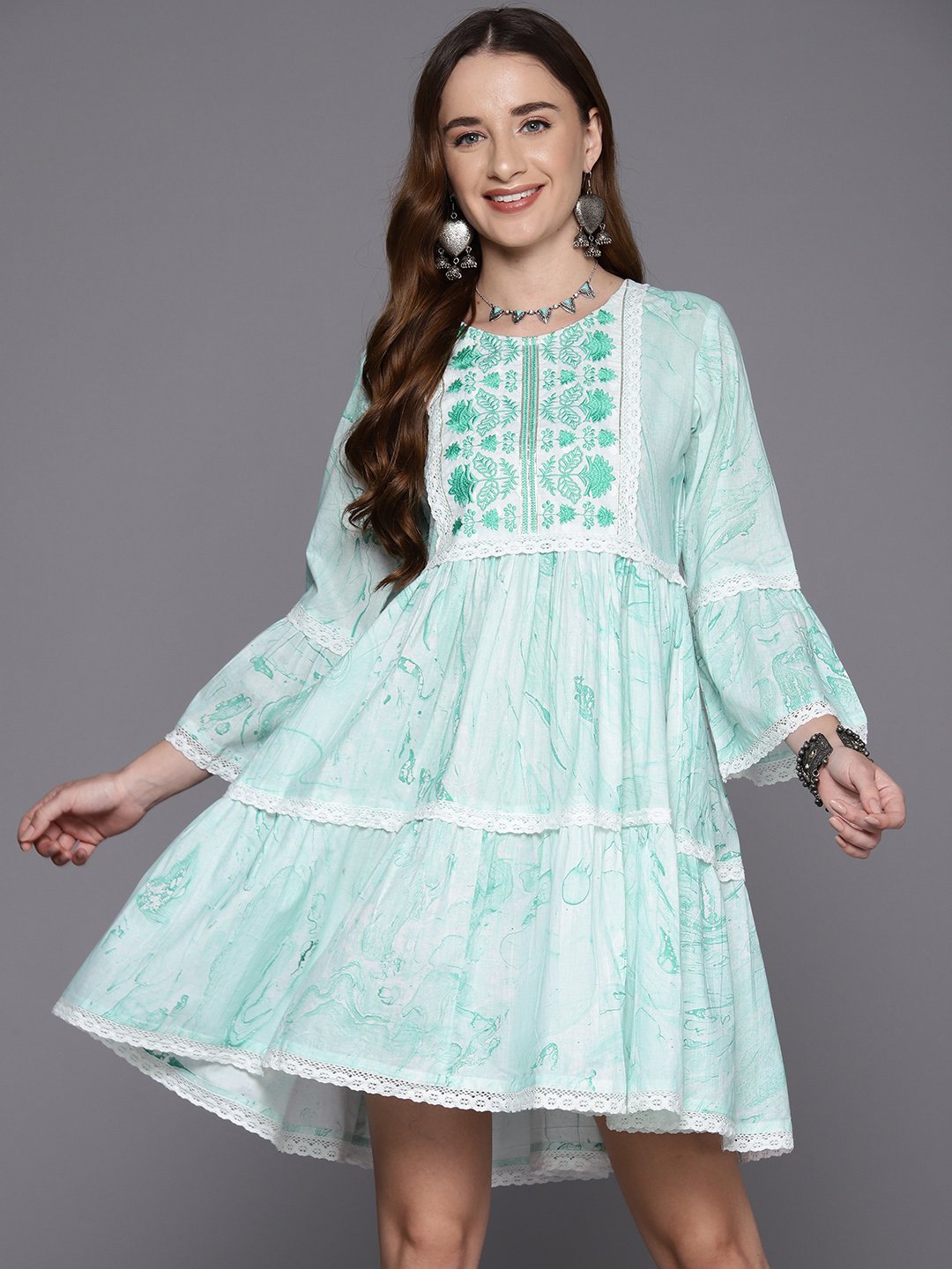 Indo Era Sea Green Embroidered A-Line Smart Casual Dress