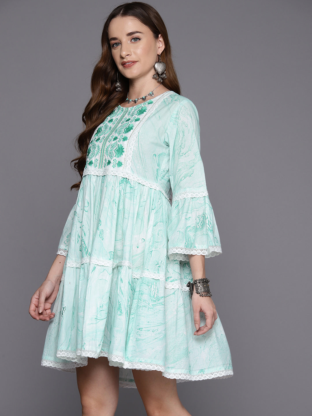 Indo Era Sea Green Embroidered A-Line Smart Casual Dress