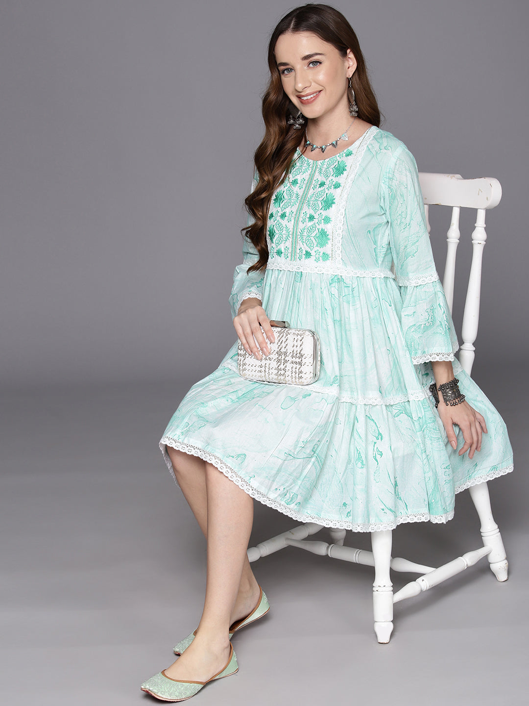 Indo Era Sea Green Embroidered A-Line Smart Casual Dress