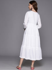 Indo Era White Embroidered A-Line Smart Casual Dress