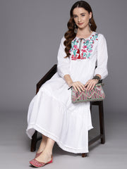 Indo Era White Embroidered A-Line Smart Casual Dress