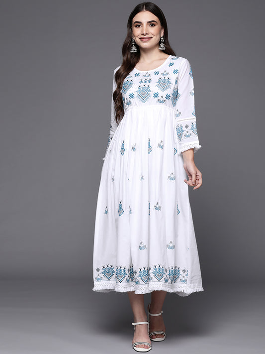 Indo Era White Embroidered A-Line Ethnic Dress