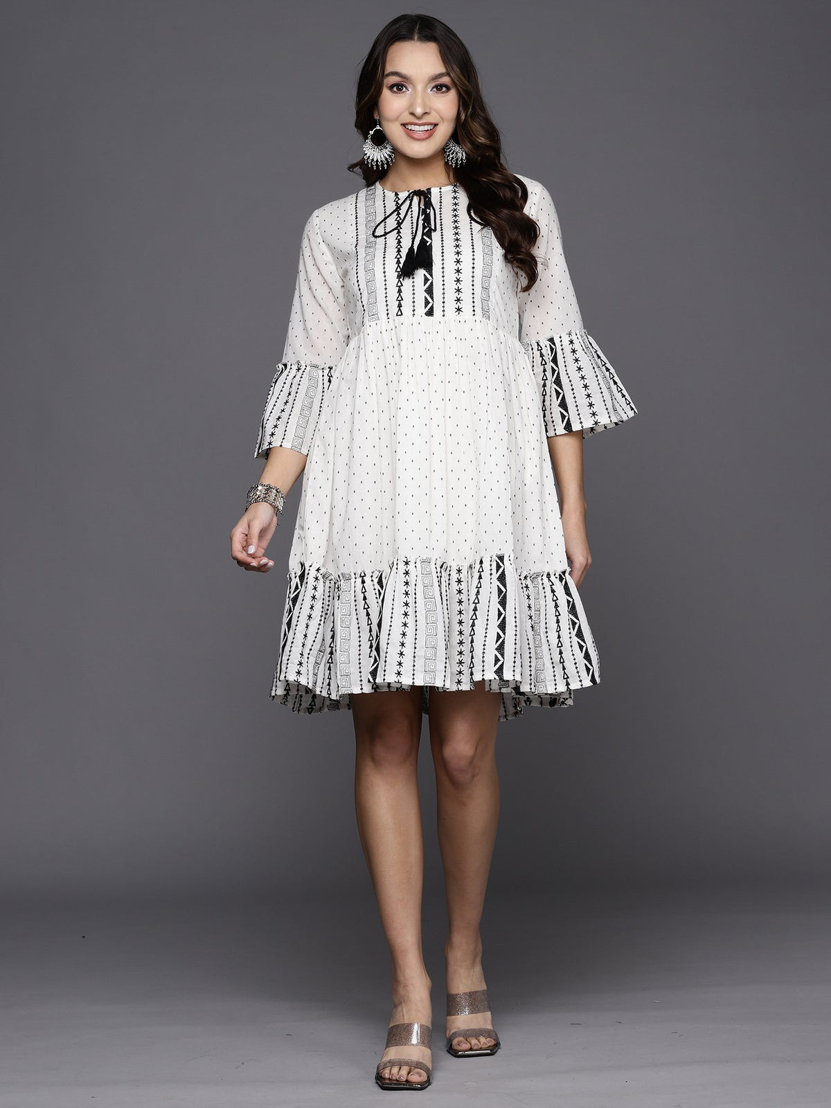 Indo Era White Printed A-Line Ethnic Dress