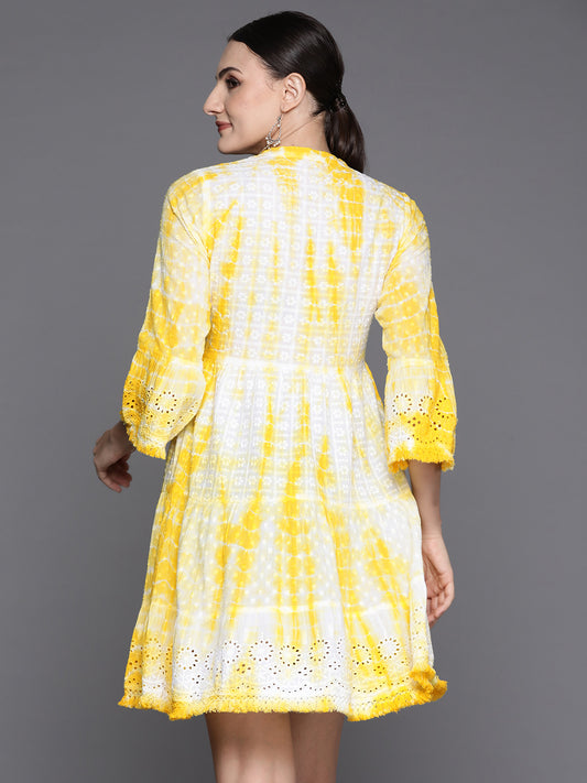 Indo Era Yellow Dyed A-Line Smart Casual Dress