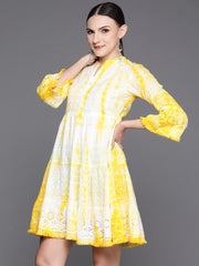 Indo Era Yellow Dyed A-Line Smart Casual Dress