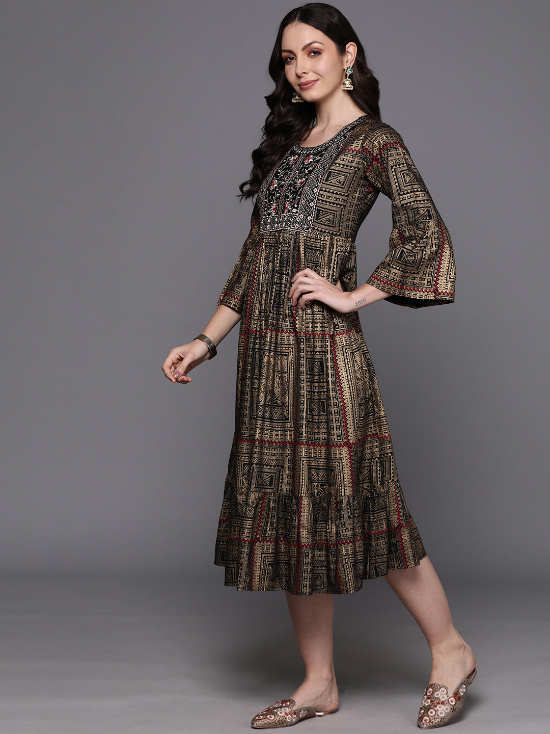 Indo Era Black Embroidered A-Line Ethnic Dress