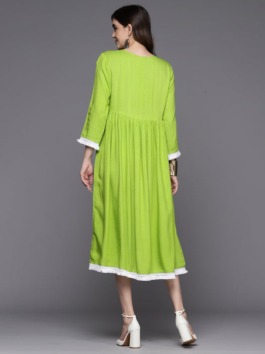 Indo Era Green Embroidered A-Line Ethnic Dress