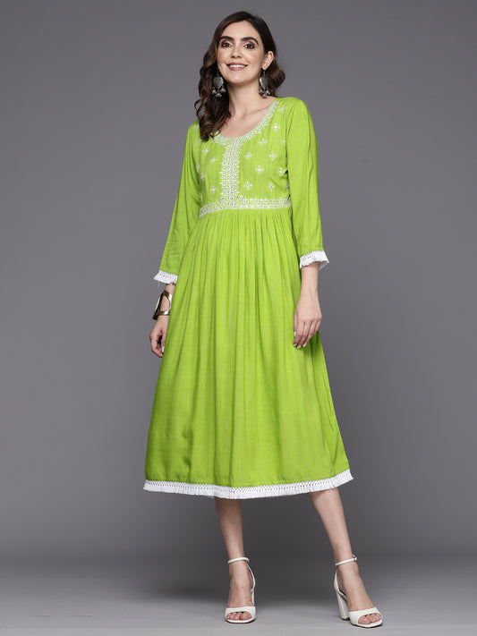 Indo Era Green Embroidered A-Line Ethnic Dress