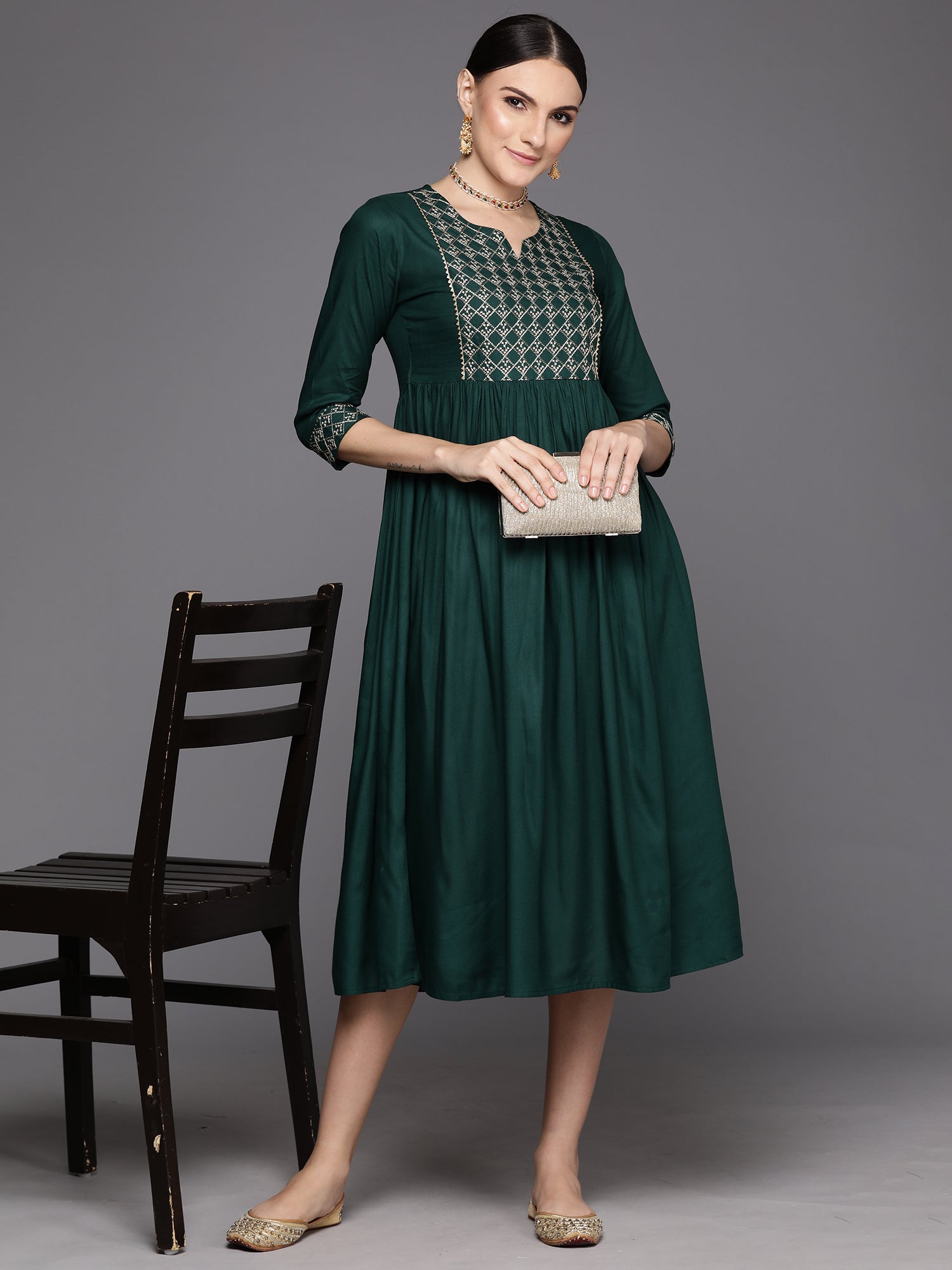 Indo Era Green Embroidered A-Line Ethnic Dress