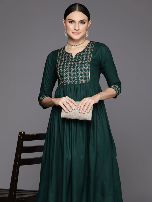 Indo Era Green Embroidered A-Line Ethnic Dress