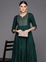 Indo Era Green Embroidered A-Line Ethnic Dress