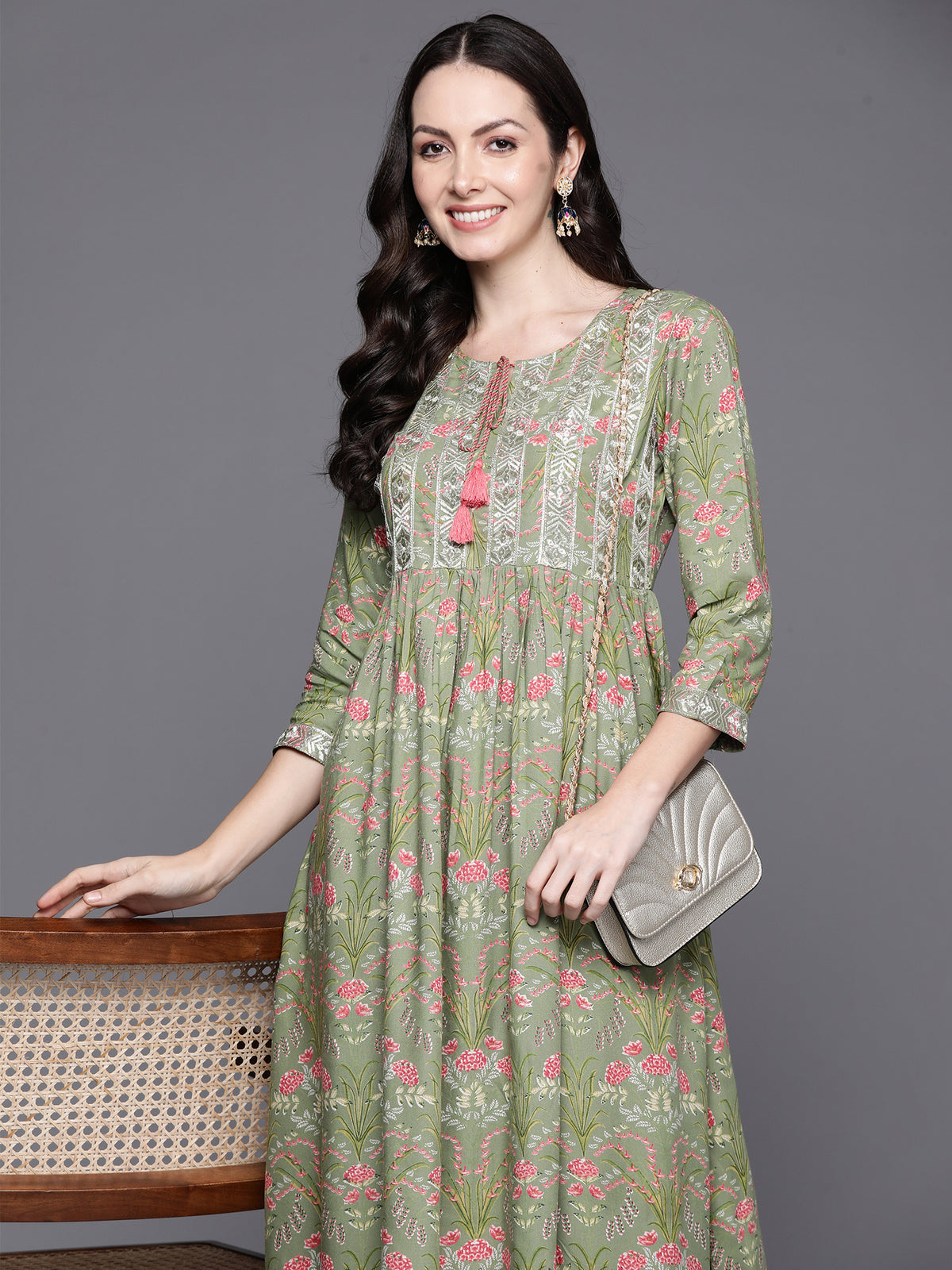 Indo Era Green Embroidered A-Line Ethnic Dress