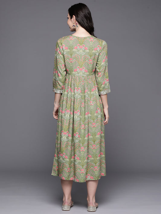 Indo Era Green Embroidered A-Line Ethnic Dress