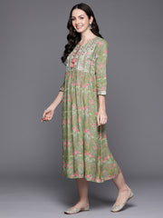 Indo Era Green Embroidered A-Line Ethnic Dress