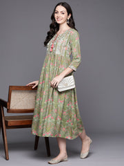 Indo Era Green Embroidered A-Line Ethnic Dress