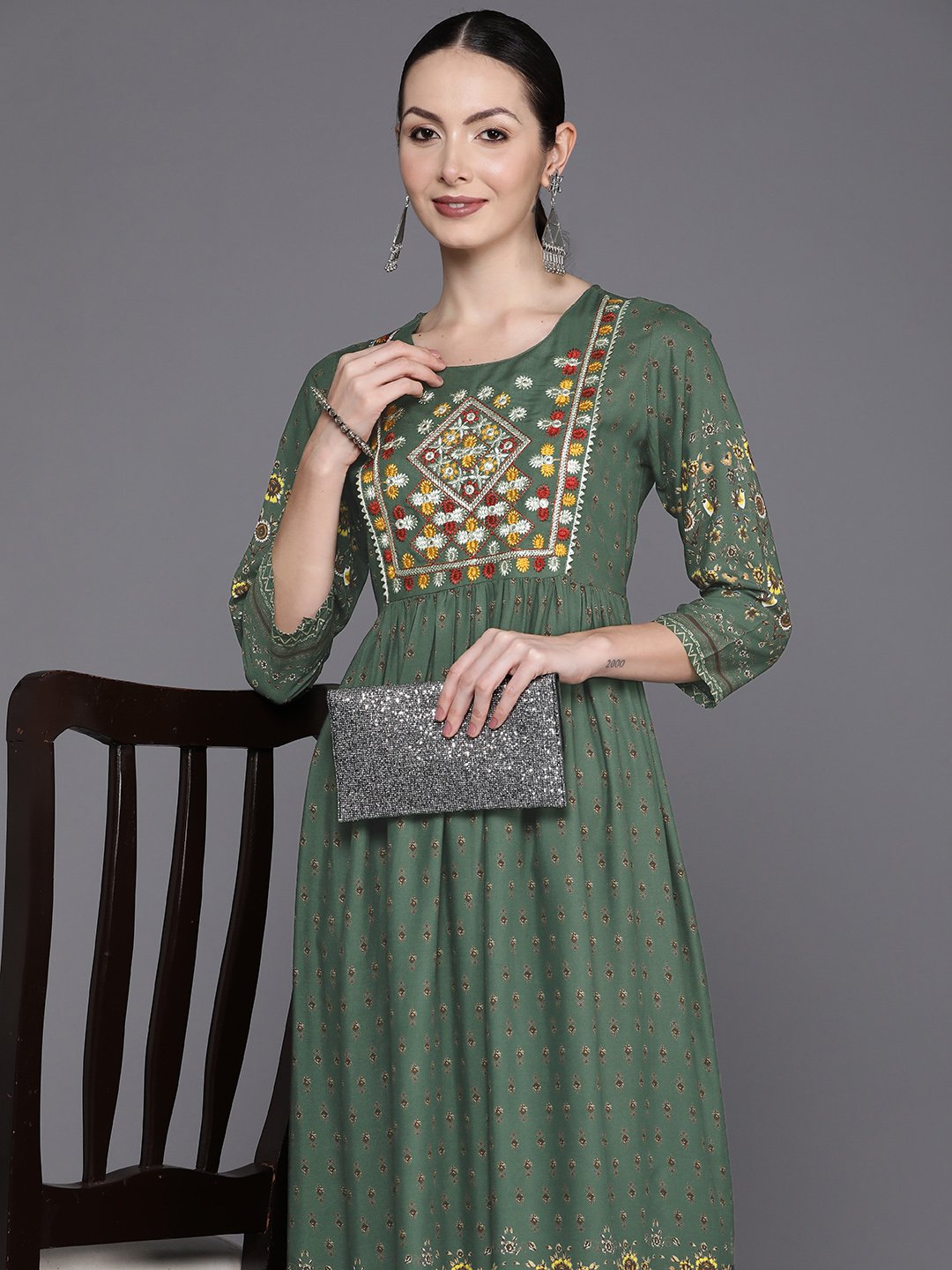 Indo Era Green Embroidered A-Line Ethnic Dress