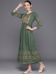 Indo Era Green Embroidered A-Line Ethnic Dress