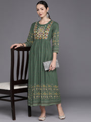 Indo Era Green Embroidered A-Line Ethnic Dress