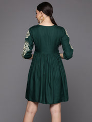 Indo Era Green Embroidered A-Line Ethnic Dress