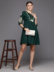 Indo Era Green Embroidered A-Line Ethnic Dress