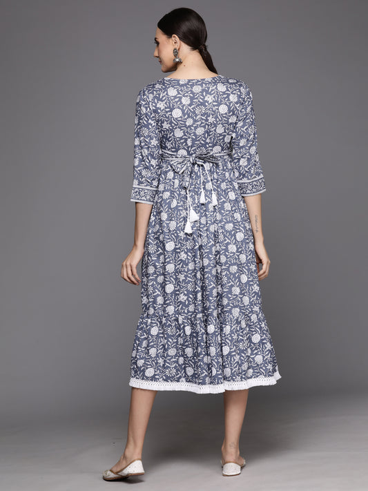 Indo Era Grey Printed A-Line Smart Casual Dress