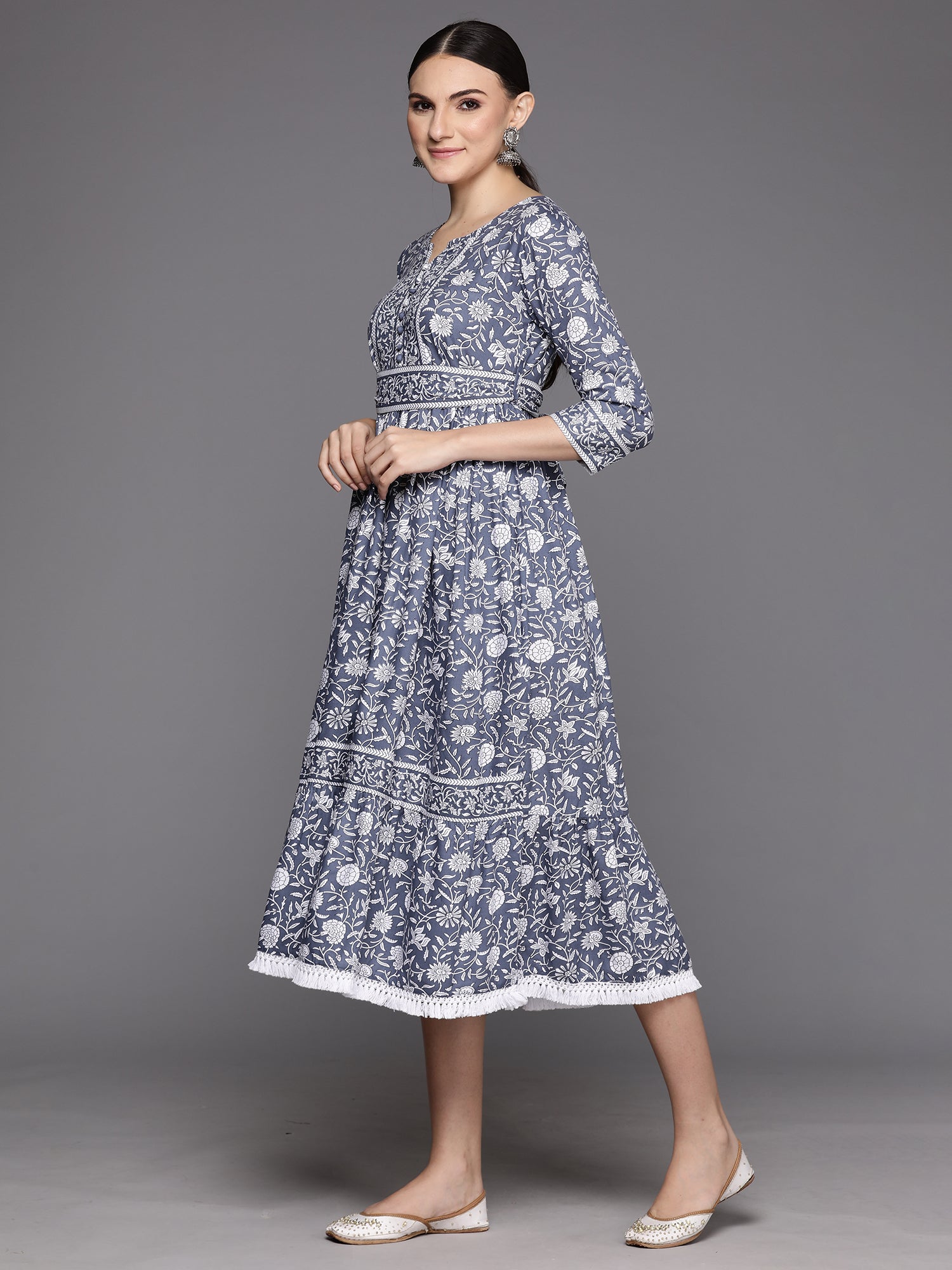 Indo Era Grey Printed A-Line Smart Casual Dress