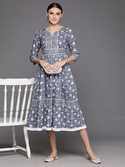 Indo Era Grey Printed A-Line Smart Casual Dress