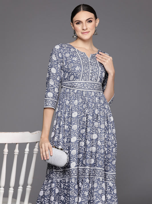 Indo Era Grey Printed A-Line Smart Casual Dress