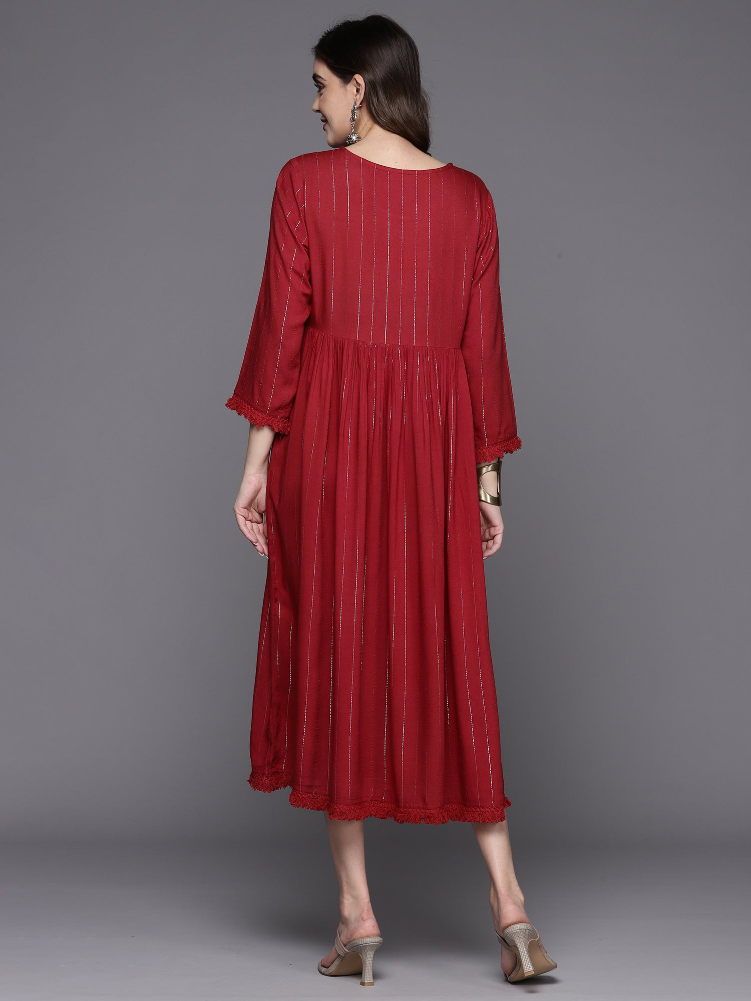 Indo Era Maroon Embroidered A-Line Ethnic Dress