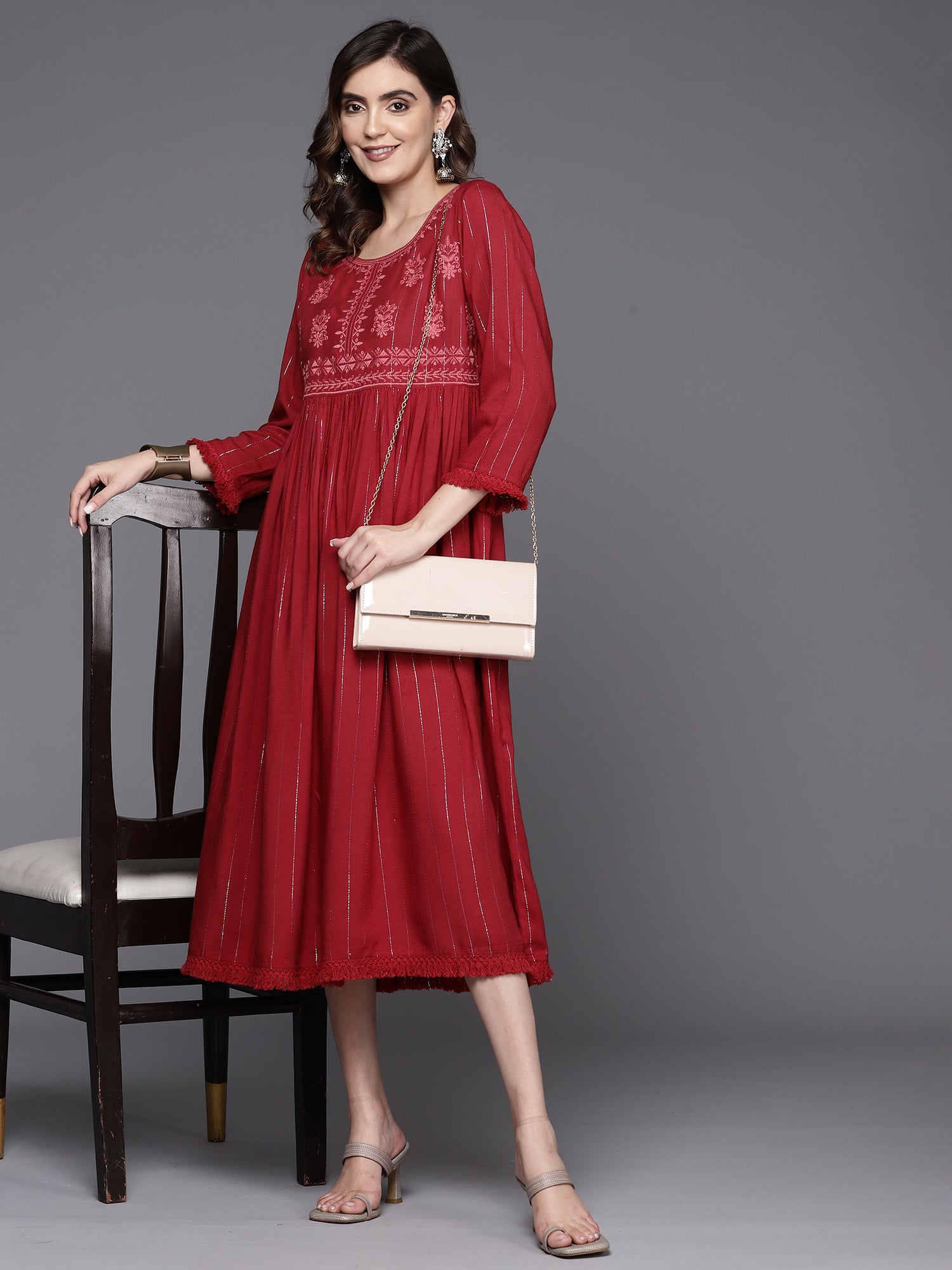 Indo Era Maroon Embroidered A-Line Ethnic Dress