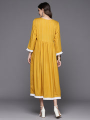 Indo Era Mustard Embroidered A-Line Ethnic Dress