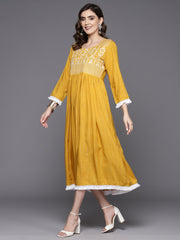 Indo Era Mustard Embroidered A-Line Ethnic Dress