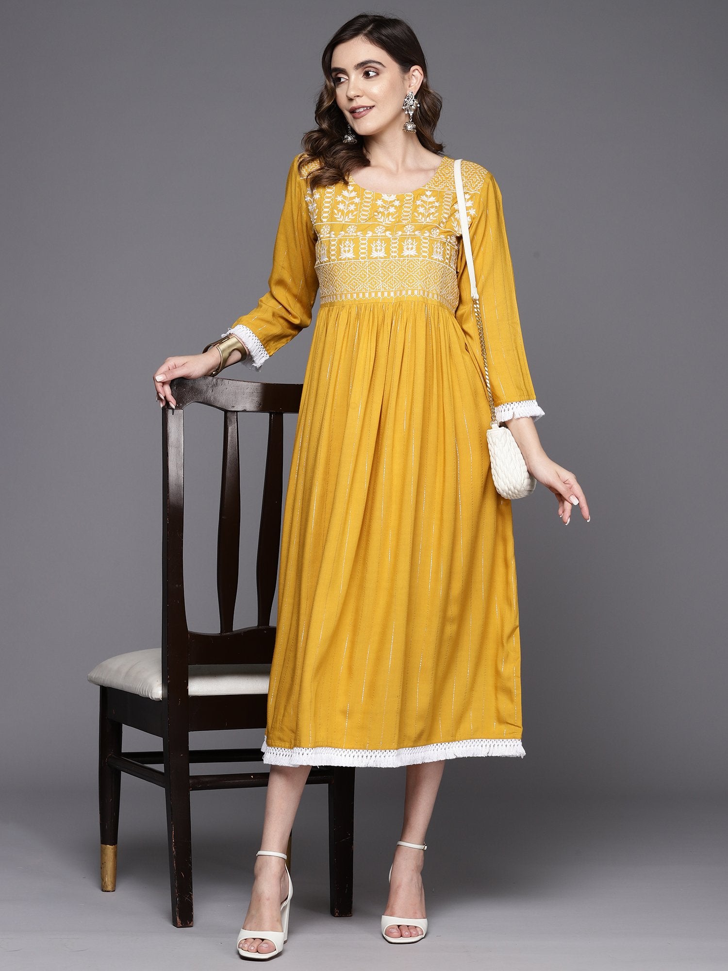 Indo Era Mustard Embroidered A-Line Ethnic Dress