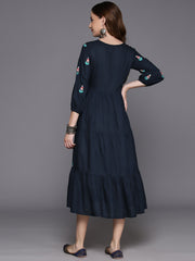 Indo Era Navy Blue Embroidered A-Line Ethnic Dress