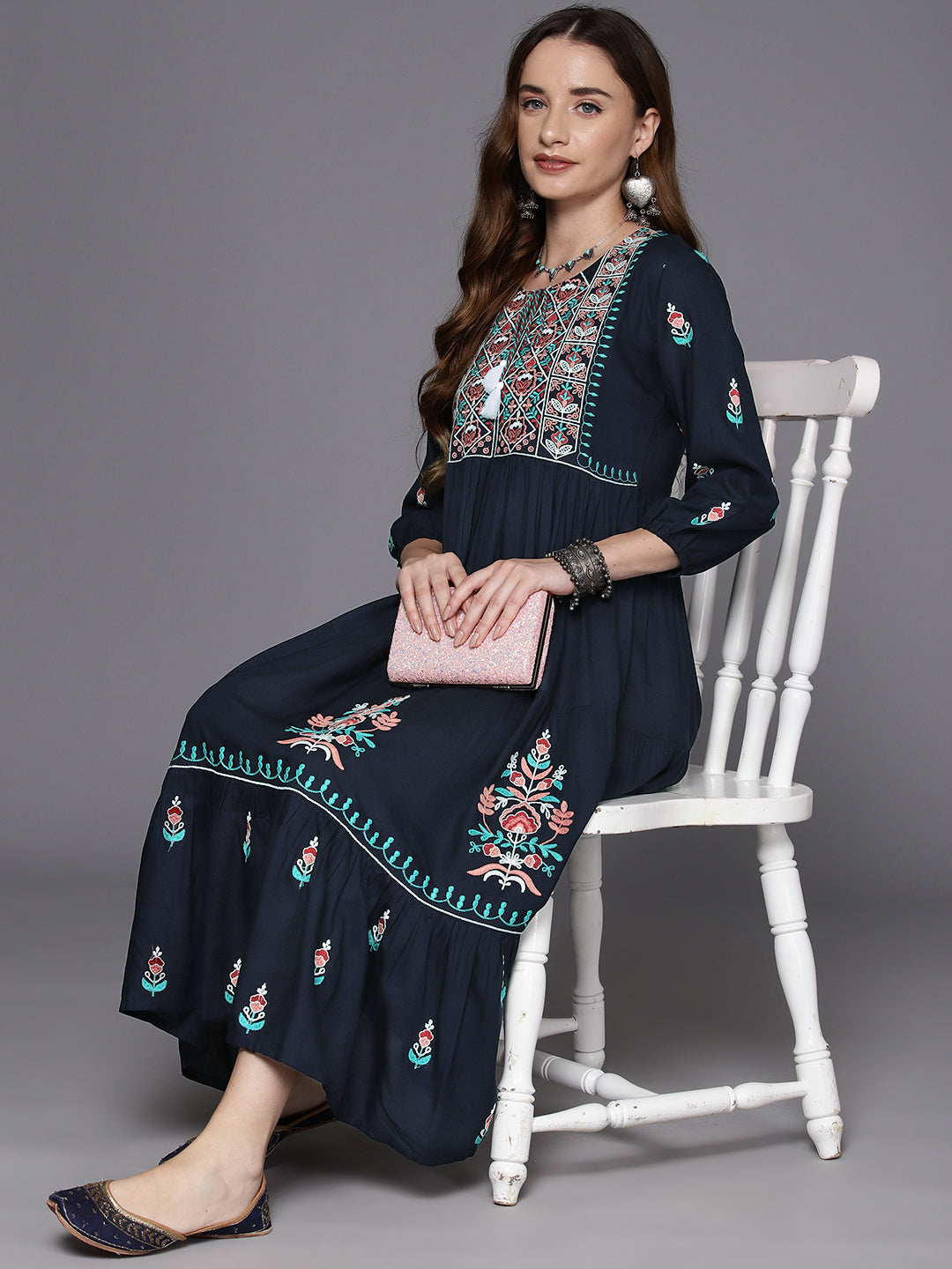 Indo Era Navy Blue Embroidered A-Line Ethnic Dress