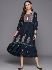 Indo Era Navy Blue Embroidered A-Line Ethnic Dress