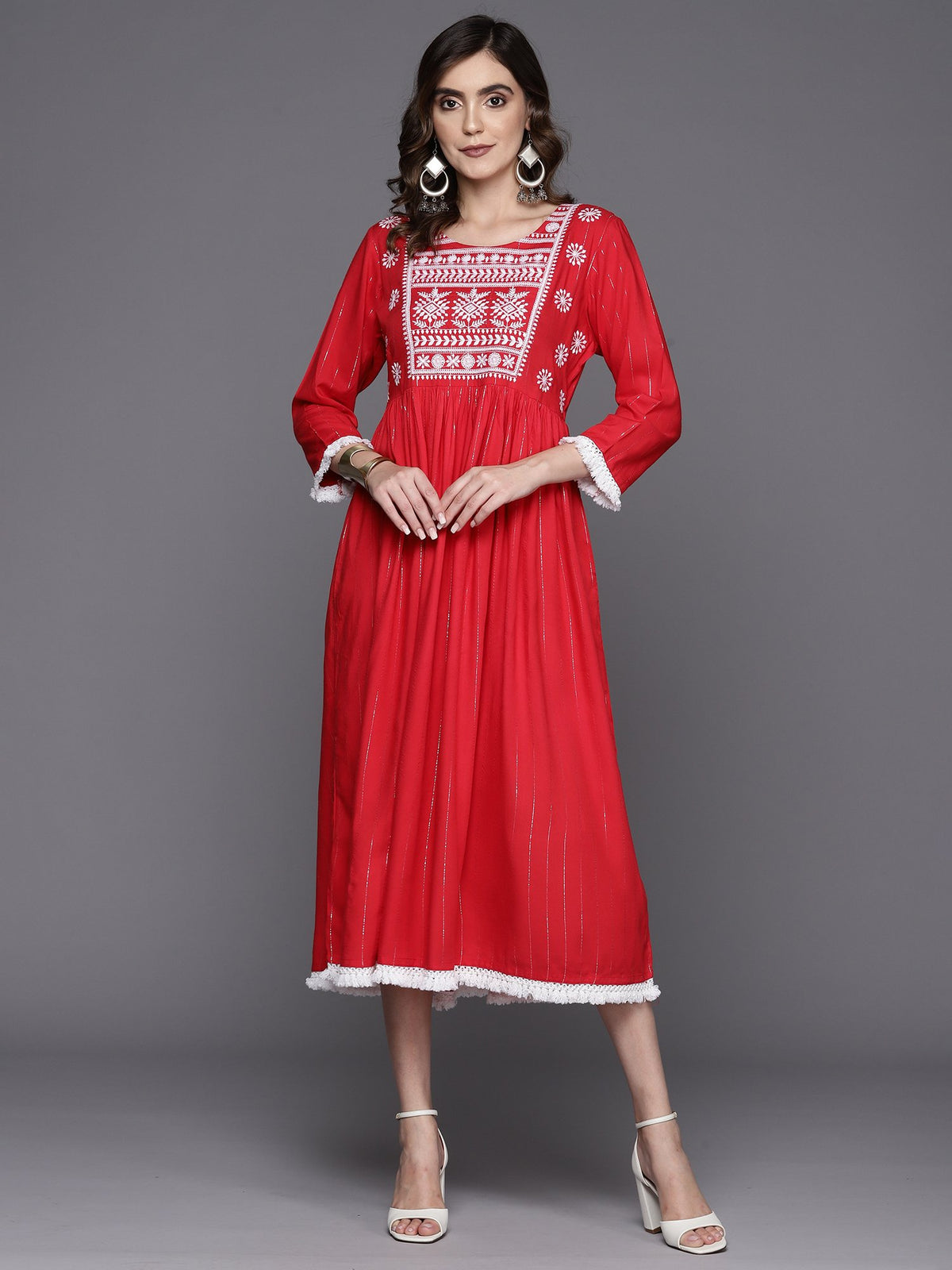 Indo Era Red Embroidered A-Line Ethnic Dress