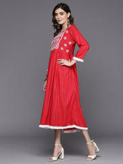 Indo Era Red Embroidered A-Line Ethnic Dress