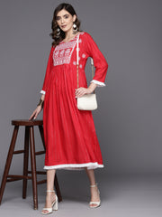 Indo Era Red Embroidered A-Line Ethnic Dress