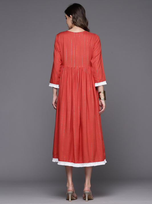 Indo Era Rust Embroidered A-Line Ethnic Dress