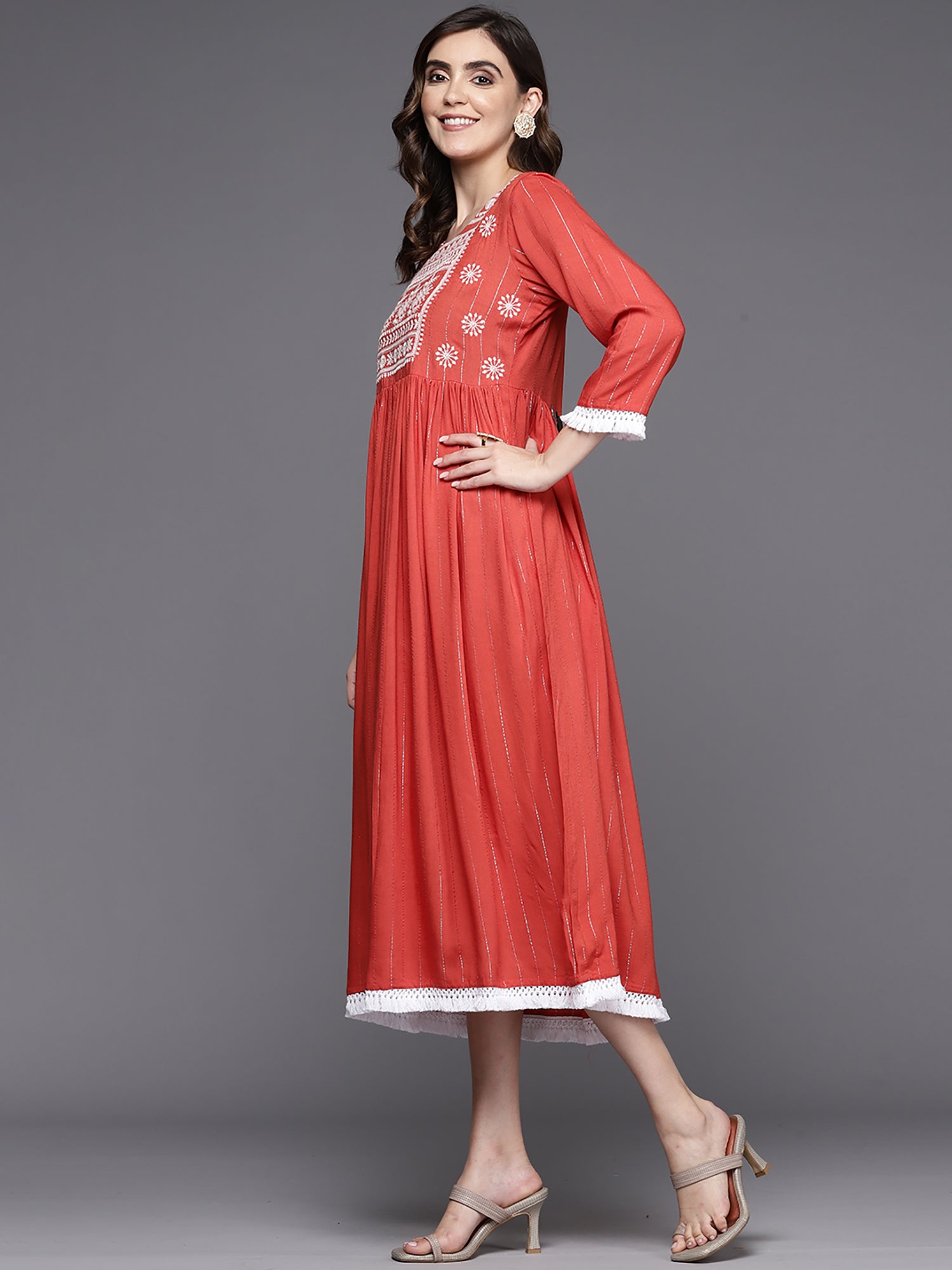 Indo Era Rust Embroidered A-Line Ethnic Dress