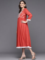 Indo Era Rust Embroidered A-Line Ethnic Dress