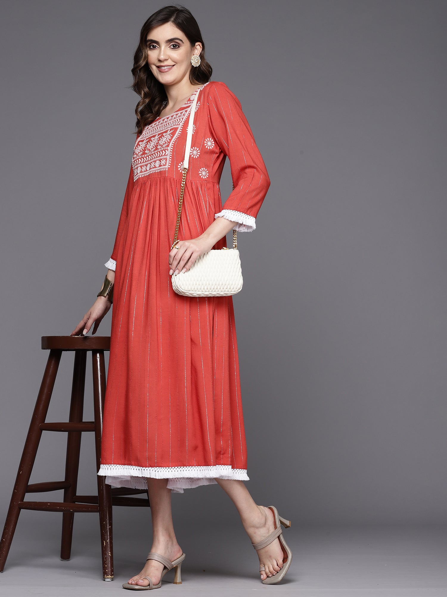 Indo Era Rust Embroidered A-Line Ethnic Dress