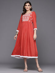 Indo Era Rust Embroidered A-Line Ethnic Dress