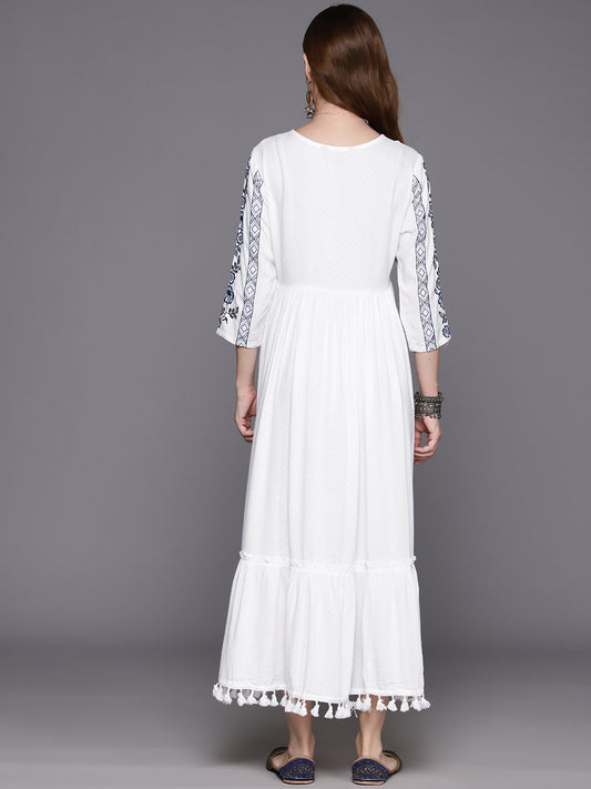 Indo Era White Embroidered A-Line Smart Casual Dress